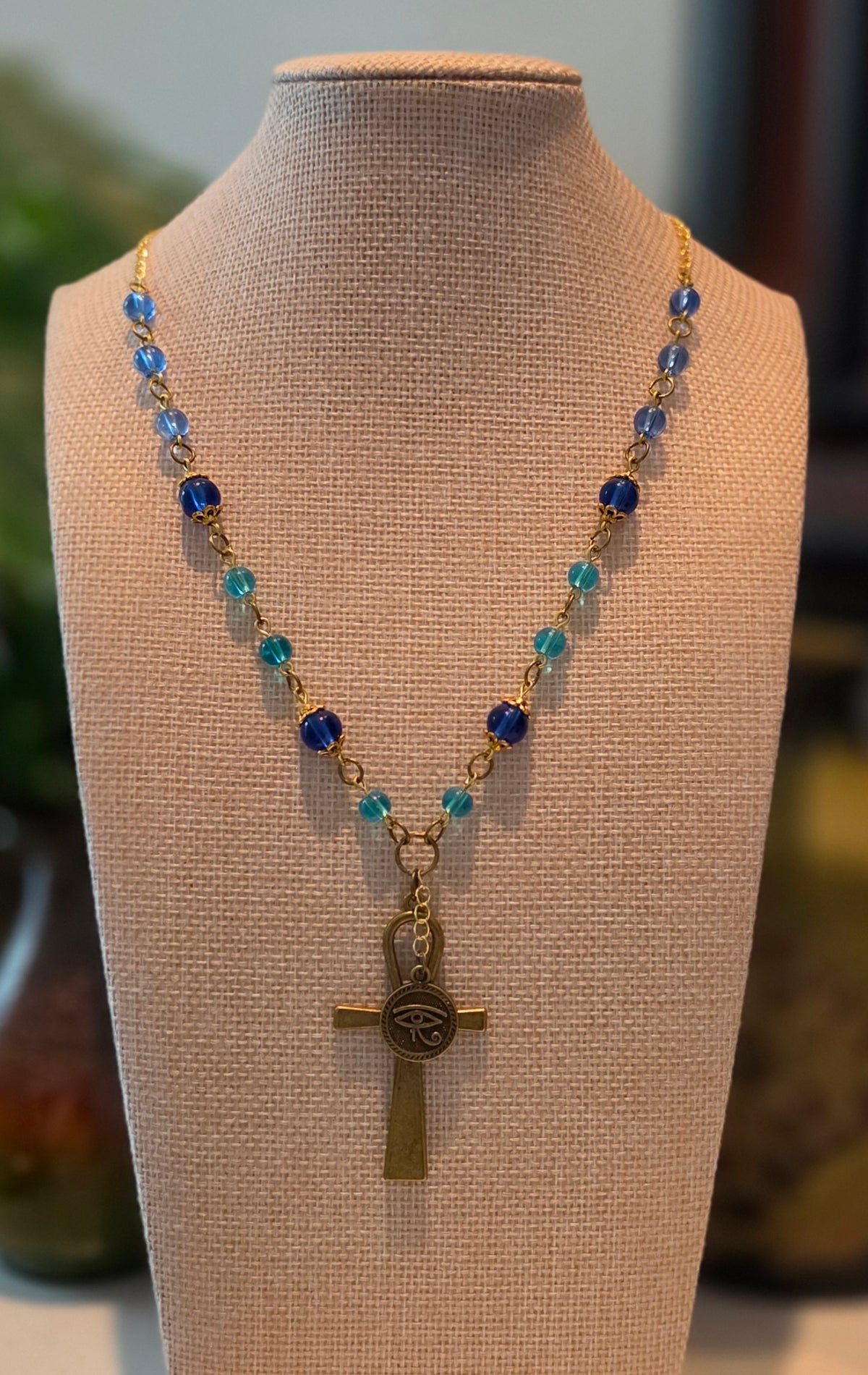 Sacred Eye – Blue & Gold Ankh Necklace